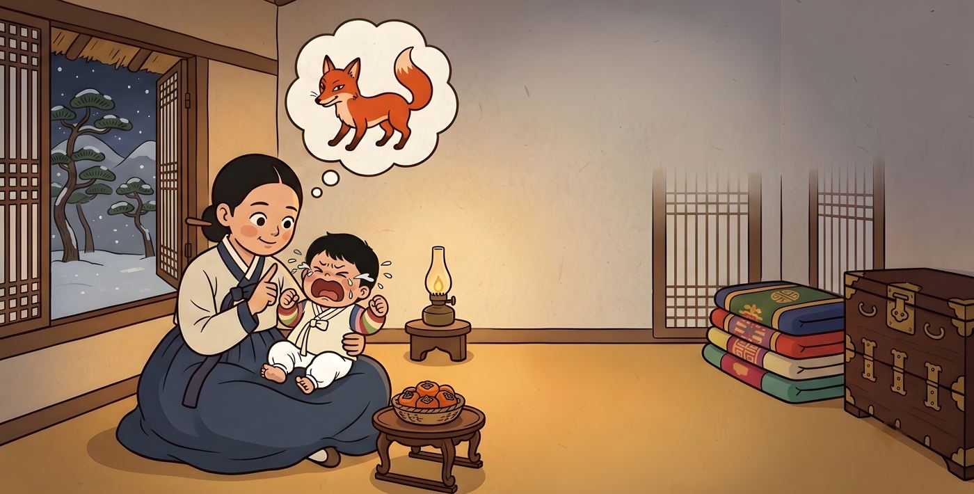 A mother hushes her crying baby by lamplight while the baby imagines a fox