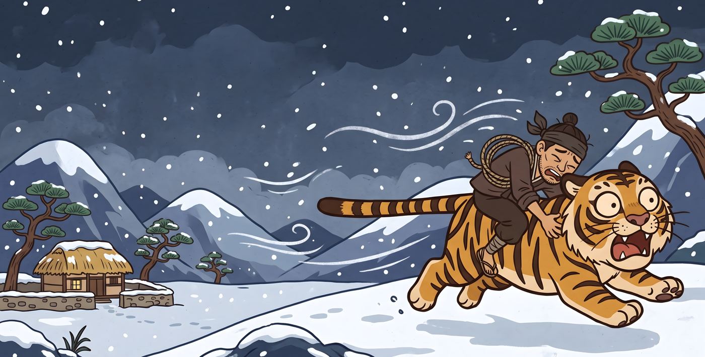 A thief clings to a galloping tiger in the snow
