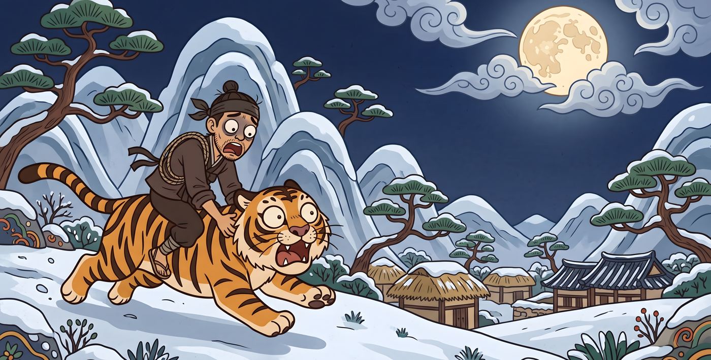 A startled thief rides the frightened tiger under a full moon
