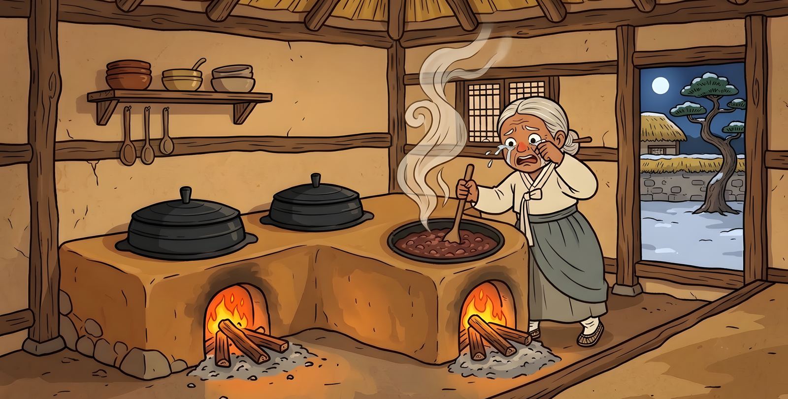 Granny stirs a big pot of red bean porridge by the fire