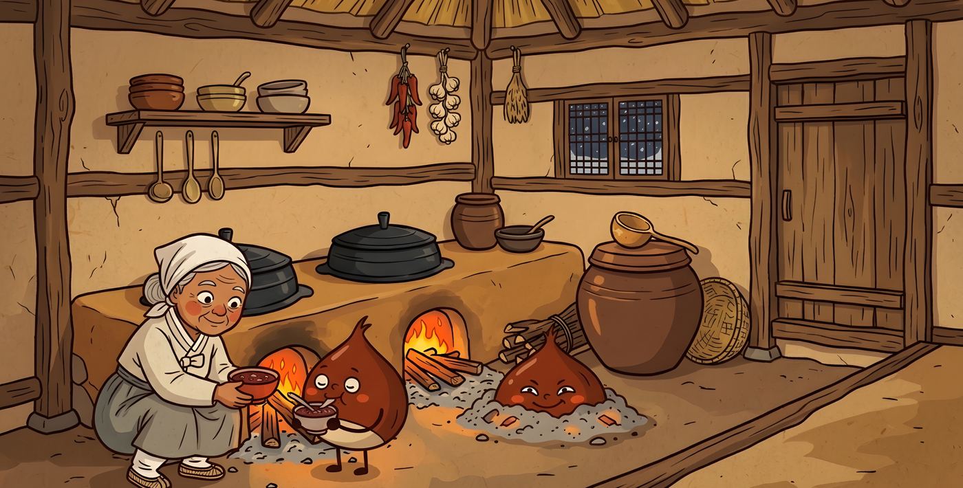 Granny shares a bowl of porridge with a chestnut by the kitchen fire
