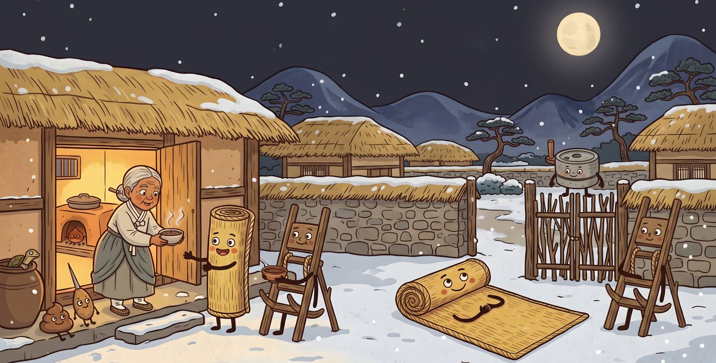 On a snowy moonlit night, the helpers gather at Granny’s door