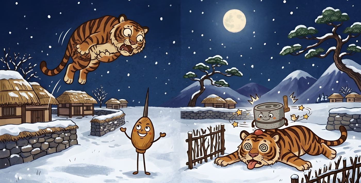 The tiger tumbles through the air as the helpers spring their surprise