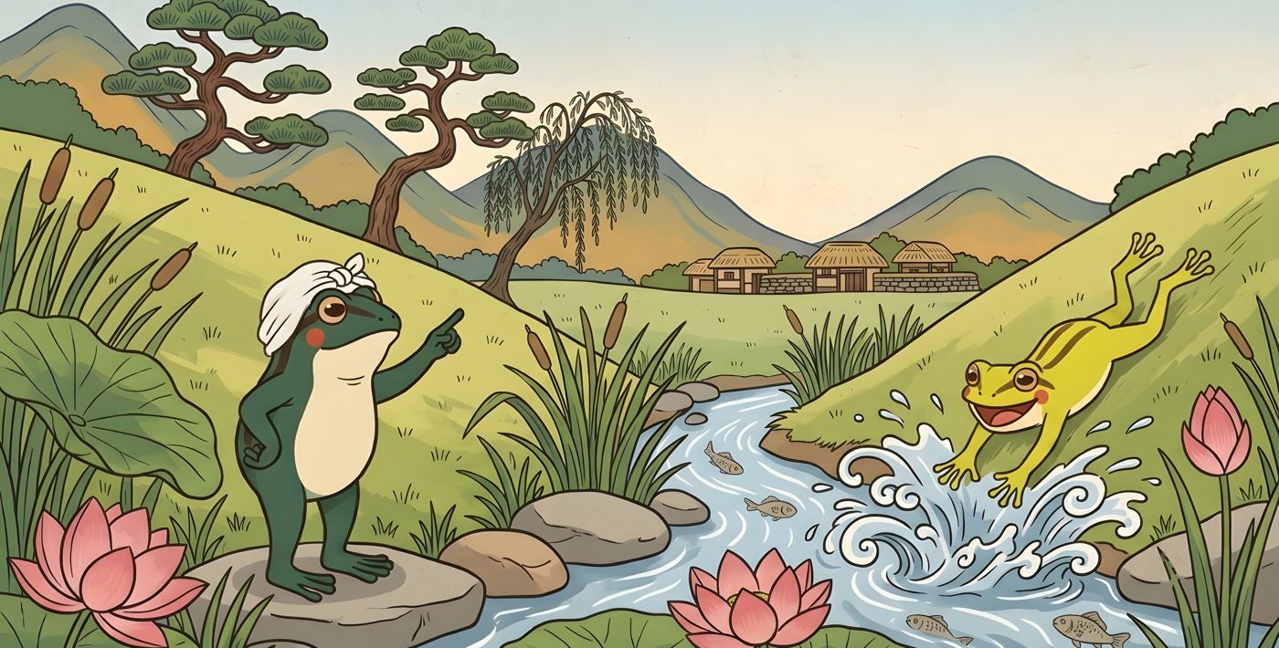 Mama Frog points one way while Little Green Frog leaps the other way into the stream