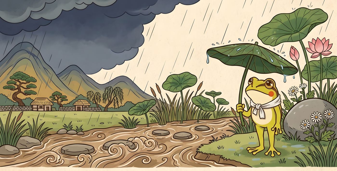 Little Green Frog holds a leaf umbrella as dark rain clouds roll in