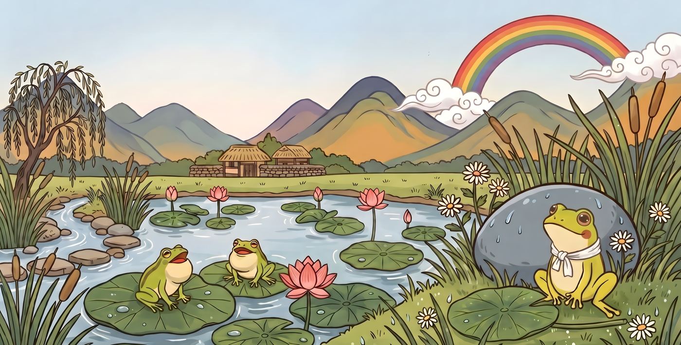 Frogs sit on lily pads under a rainbow by the stream