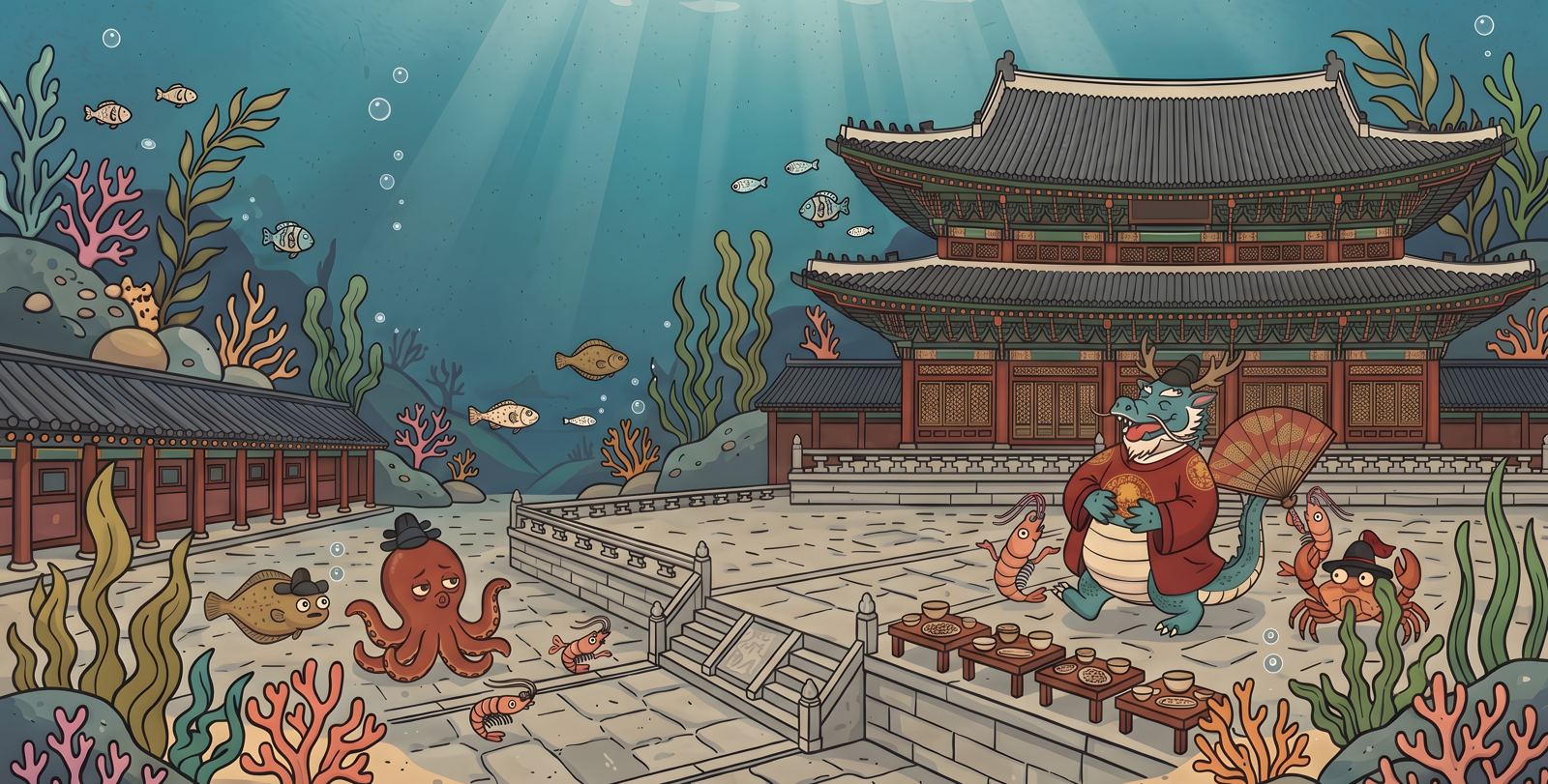 The Dragon King’s undersea palace, with an octopus, crabs, and fish in the courtyard