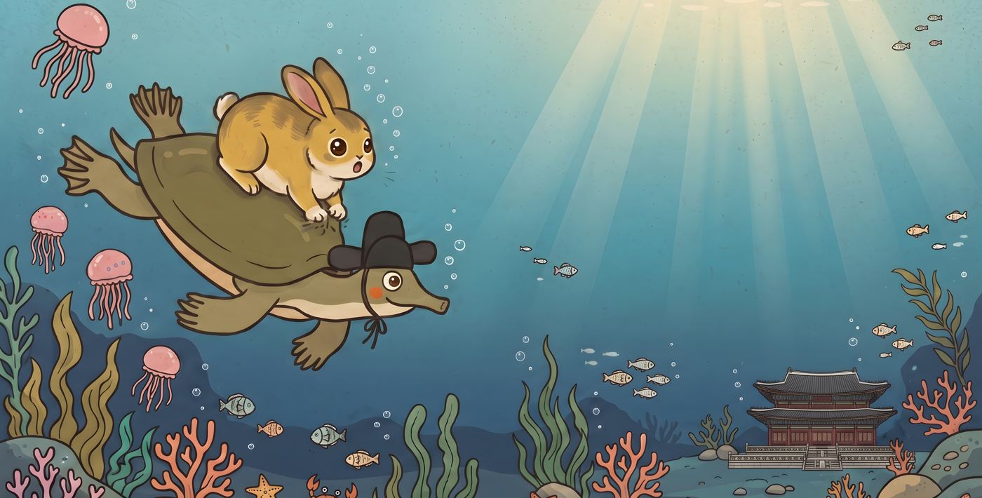 The rabbit rides on the turtle’s back down through the sea