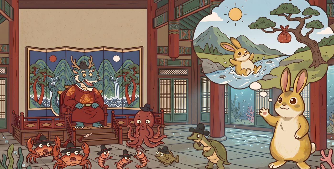 The rabbit explains his plan to the Dragon King in the palace hall
