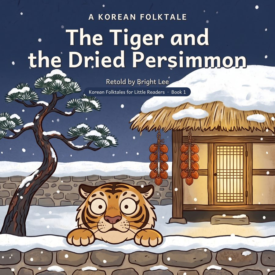 Cover of The Tiger and the Dried Persimmon: a wide-eyed tiger peeks over a snowy stone wall beside a straw-roofed house
