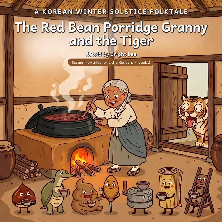 Cover of The Red Bean Porridge Granny and the Tiger: a smiling granny holds a pot of porridge as a tiger licks its lips